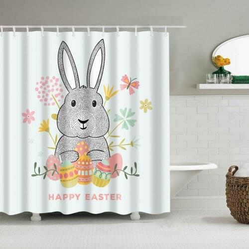 Cartoon Bunny Easter Eggs Happy Easter Shower Curtain Bath Accessories with 12 Hooks Waterproof Polyester Fabric Bathroom Decor