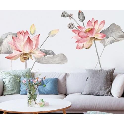 DIY Lotus Wall Stickers Flowers Living Room Bedroom Decor WallStickers Vintage Poster Chinese Style Backdrop Home Decor Mural