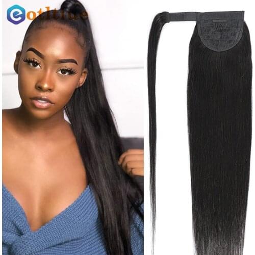 Eotltiue Wrap Around Long Straight Ponytail Human Hair Extensions Remy 26'' Natural Color Ponytail Clips Around Pony Hairpiece