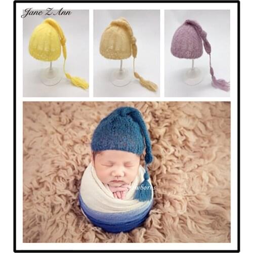 Jane Z Ann Newborn baby photography mohair long tail cap infant handmade multi solid colors hat studio shooting accessories