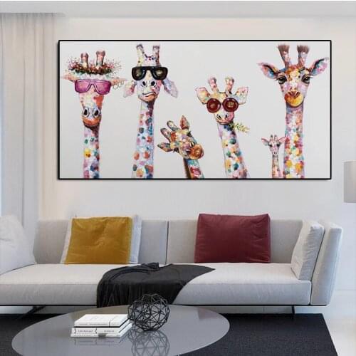 Curious Giraffe Family Picture Canvas Painting Street Pop Art Living Room Children’s Room Decorations Beautiful and Interesting