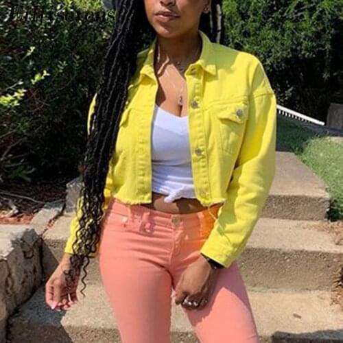 Bomber Jacket Neon Candy Solid Color Denim Coats And Jackets Women Windbreaker Long Sleeve Outerwear Leisure Streetwear