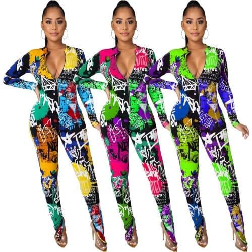 Fashion Printed Zipper V Neck Long Jumpsuit Women Sexy Bodycon Rompers Long Sleeve Ladies Streetwear Slit Bell Bottom Pants