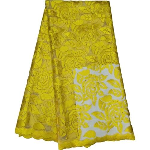 New Embroidered chemical guipure African lace fabric with rhinestone yellow low french net lace for wedding dress