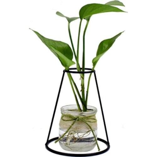 Nordic Simple Iron Transparent Flower Holder Ornaments Home Living Room Decoration Hydroponic Dried Flower Geometry Glass Vase