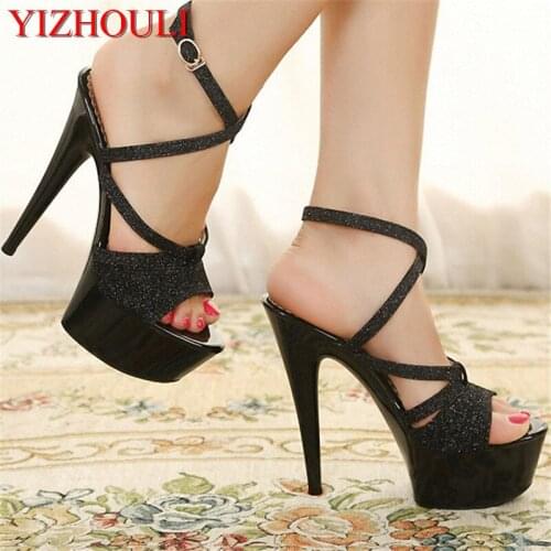 15cm ultra high heel sandals, fine and hollowed-out for south Korean princess summer crystal Night club dancing shoes