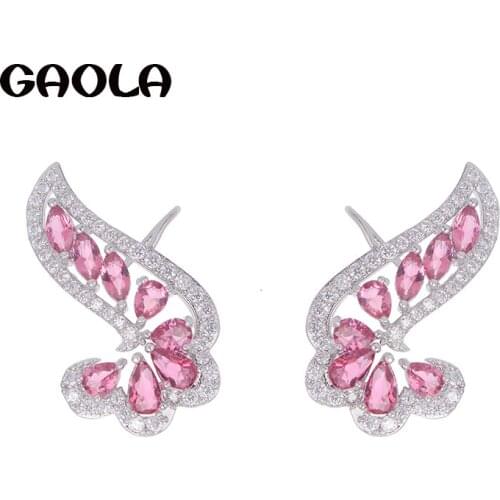 GAOLA Shinning Feather Pink Stones Cubic Zircon Stud Earring For Women Christmas Gift GLE7243Y