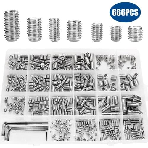YCDC 666Pcs Allen Head Socket Hex Grub Screw M2 M3 M4 M5 M6 M8 Internal Hex Drive Set Screws Flat Head Grub Screw Set Bolt