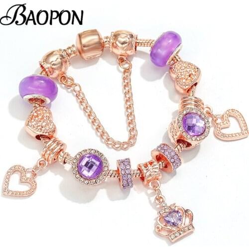BAOPON Silver Plated Crown Pendant Charm Bracelets & Bangles For Women Purple Beads Bracelet Jewelry Gift Pulseira Feminina