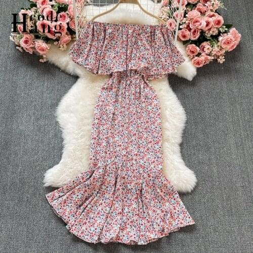 Hang Fashion Print Beach Boho Dress Women 2021 Summer Elegant Off Shoulder Ruffled Long Mermaid Dress High Waist Korean Vestidos