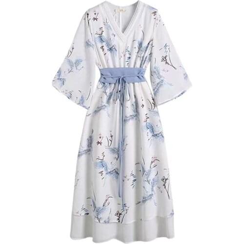 Women Retro Print Dress V Neck Trumpet Sleeve Girdle Slim Vestido 2021 Summer Elegant Korean Chic Midi Dress Plus Size Vestidos