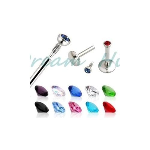 2m Gem labrets Stud Lip Stud Nail Piercing Rings internally threaded Mixed Colors 16G High Quality Free Shipping 316L steel