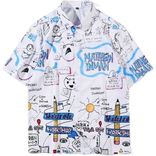 2021 Cool Design Graffiti Funny Graphic Shirts For Men Short Sleeve Japan Style Harajuku Students Shirt Korean Clothes For Teens