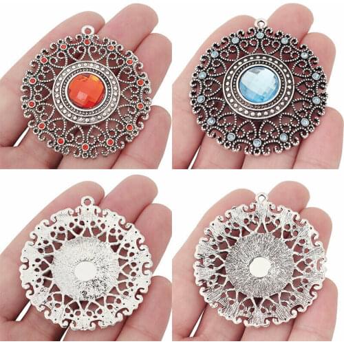3 x Large Tibetan Silver Filigree Flower & Rhinestone Crystal Round Charms Pendants for Necklace Jewelry Making Accessories 50mm