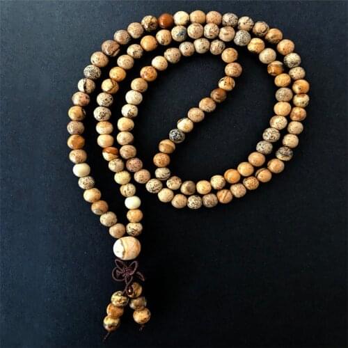 6mm Picture Jasper 108 Beads Handmade Tassel Necklace Bracelet Yoga Religious Retro Tibetan Japa Wristband Prayer Spirituality