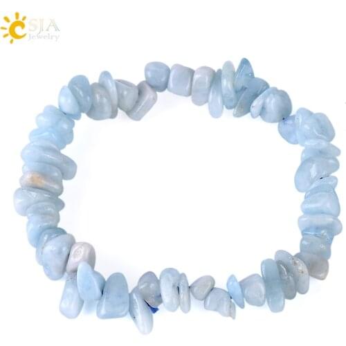 CSJA Natural Healing Crystal Stone Bracelets Gravel Bracelet Blue Quartz Irregular Chip Beads Reiki Strand Bangle for Women F370