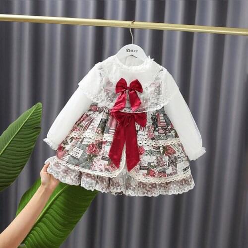 Girls Kids Lolita Dress Long Sleeve Children Baby Infants Princess Lace Printed Bow Vintage Party Cake Ball Gown Dresses S12848
