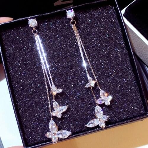 Hot Sale 2020 Transparent Crystal Butterfly Tassel Earring Charm Bling Zircon Long Style Butterfly Stud Earring Wedding Jewelry