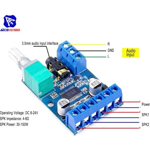 DY-AP3015 DC 8-24V 30W * 2 Class D Dual Channel High Power Stereo Digital Amplifier Board with Adjustable Volume Potentiometer