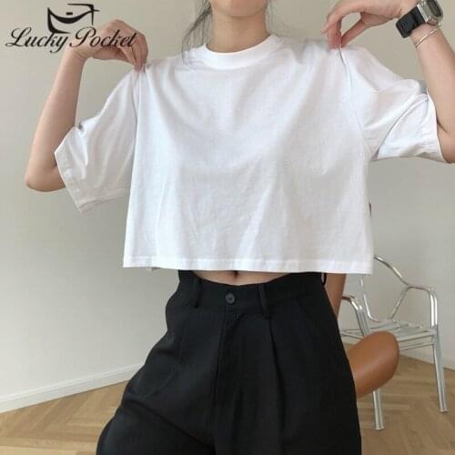 Women Summer New Solid Color Short Crop Cotton T-Shirt Female Fashion Casual Sweet Tees Ladies Loose Comfortable Brand Top ML335