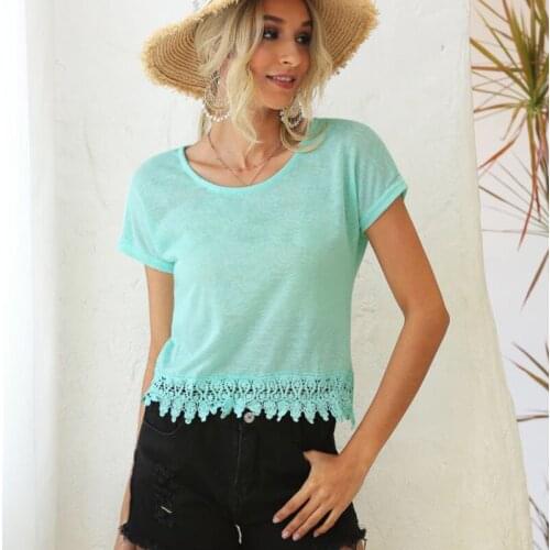 Womens T-shirt O-Neck Short Sleeve Summer Women Fashion Solid Lace Hollow Out Sweet Top Basic Female Plus Oversized Tee