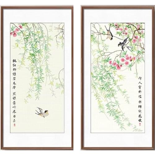 Swallows Flying in Willow Leaves Stamped Cross Stitch Kit, 19.7" x 35.5"