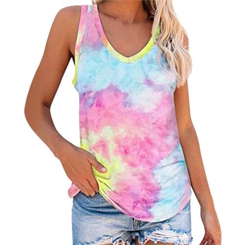 Women Tank Tops V-neck T-shirt Tie-dye Sleeveless Casual Female Camisole Streetwear Summer Loose Print Ladies Sling Top Vest