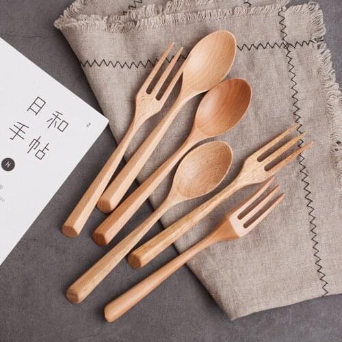 6pcs Wooden Spoon Fork Japanese Dinnerware Set 7.5'' Beach Wood Tableware Portable Child Dessert Salad Cutlery Kitchen Utensils