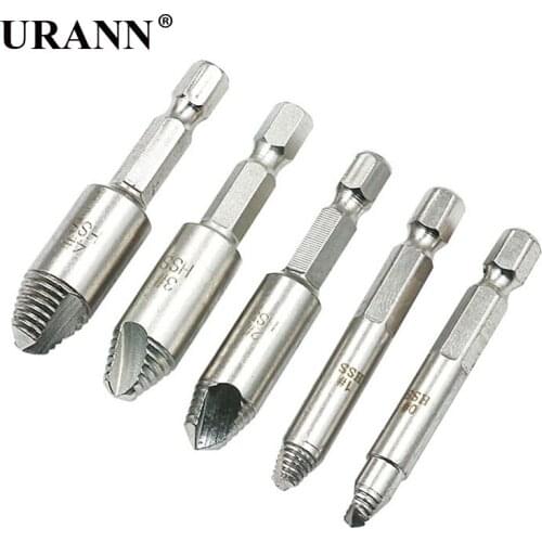 URANN 5pcs HSS4241 Screw Extractor Remover Drill Set 1/4 Hex Shank Case Easy Taking Out Bolt Stud Stripped Screw Remover Tool