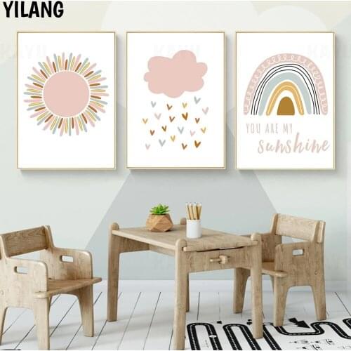 Pink Sun Rainbow Wall Art Print You Are My Sunshine Nursery Canvas Poster Cloud Painting Nordic Wall Pictures Kids Room Decor