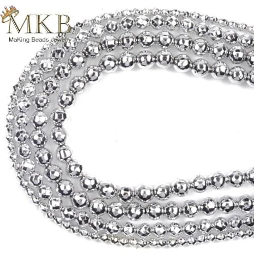 Natural Silvers Nano Vacuum Plating Faceted Hematite Stone Round Spacer Loose Beads For Jewelry Making Diy Bracelet 15" 3mm-10mm
