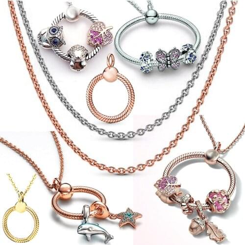 Rose Basic Chain Rings Pendant Fit Original Pan Charms Bracelet Girl Owl Starfish Necklace for Women Jewelry Making DIY Berloque