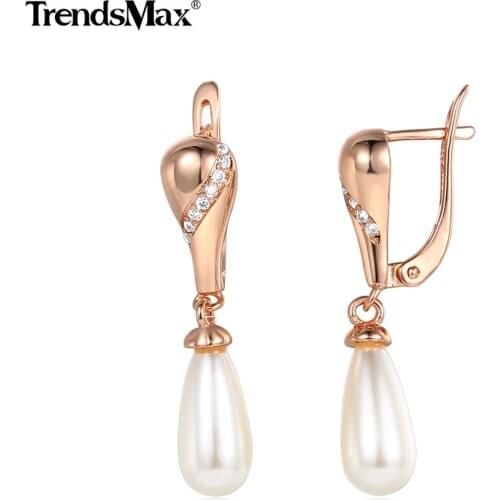 New Fashion 585 Rose Gold Filled Elegant Stud Earrings For Women Girl Simulated Pearl Cubic Zirconia Wedding Party Jewelry GEM37
