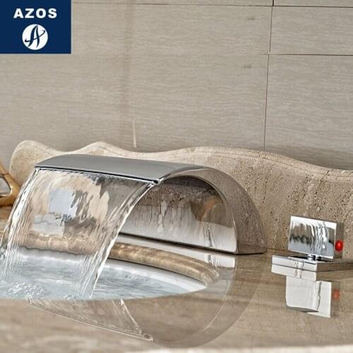 Bathroom Sink Faucets Deck Mounted Waterfall Hot Cold Water Mixer Tap Nickel Brush,Chrome Polished w/ w/o LED Light MPSK003D