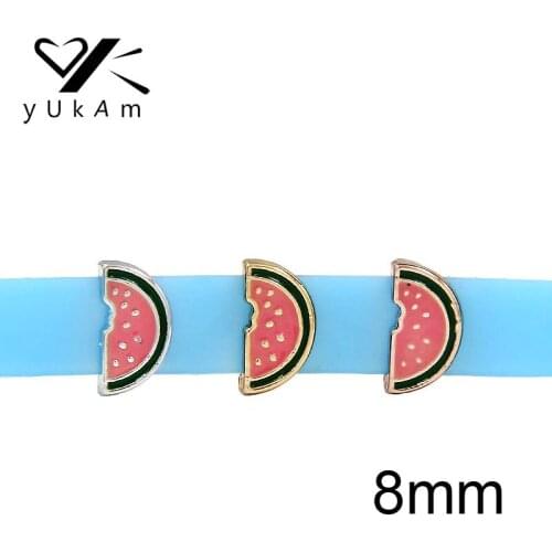 YUKAM Sliders Jewelry 8mm Cute Enamel Fruit Watermelon Slide Charms Keeper for Kids Mesh Keeper Bracelets DIY Accessories Making