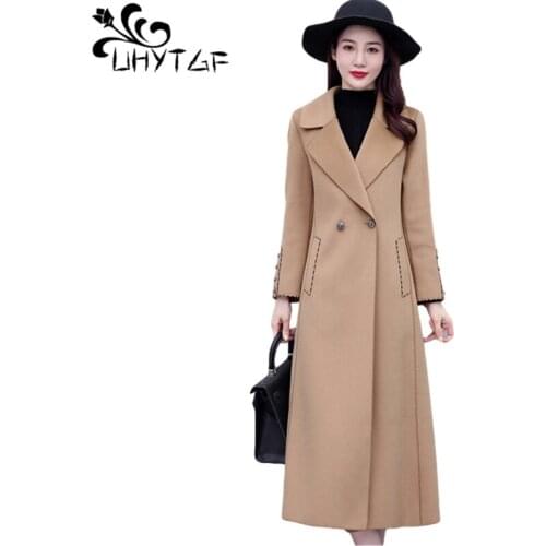 UHYTGF Genuine Double-Sided Pure Wool Winter Women Jacket Fashion Lapel Long Coat Korean Slim Elegant Female Tops Outerwear 1420
