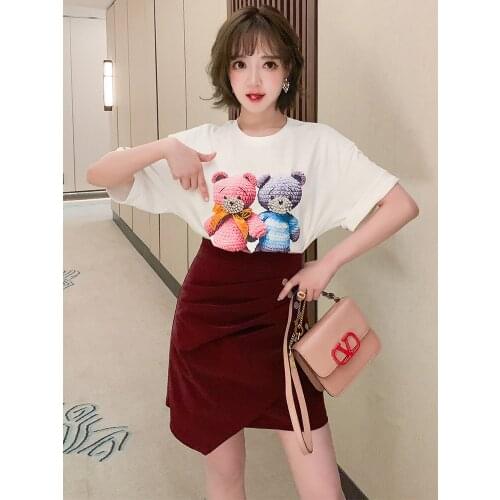 Pin bead Cartoon Bear print loose crew neckTWomens T-shirt 2021 Spring new High Quality Top Quality