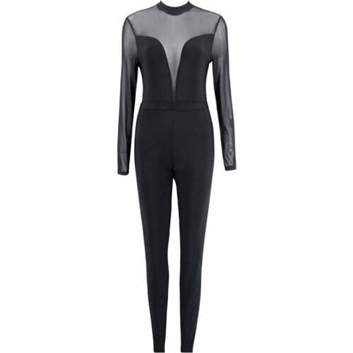 Black Mesh and Bandage Long Sleeve Sexy See Through Womens Bandage Playsuits Long Jumpsuits Rompers New Wholesale Dropship