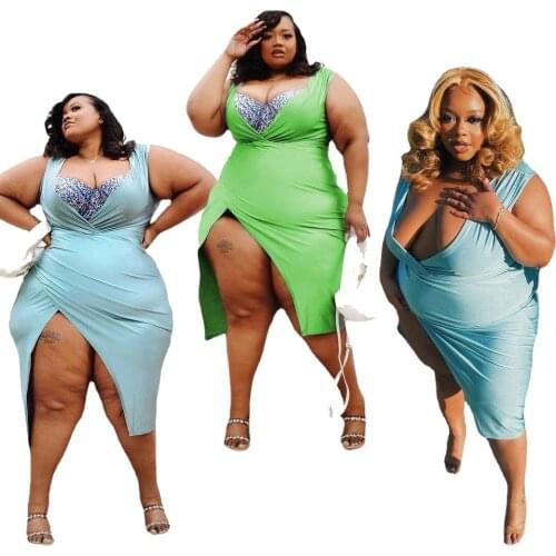 Split Dress Women Sexy Deep V-neck Sleeveless Night Party Bodycon Dresses Y2k Club Outfits Tunics Plus Size Women Clothing 4XL