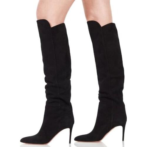 2018 Winter New Brand Women Fashion Solid Nude Black Color Pointed Toe Stiletto Heel Slip On Knee High Long Boots Plus Size 45