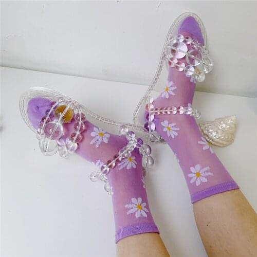 BKLD 2021 Spring And Summer Small Daisy Floral Printed Fashion Japanese Socks Flower Harajuku Streetwear Sheer Socks For Women