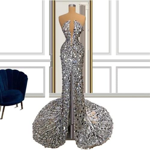 Sparkle Silver Sequin Crystals Mermaid Evening Dress Sexy Sleeveless Prom Dress Party Celebrity Dresses vestido de festa