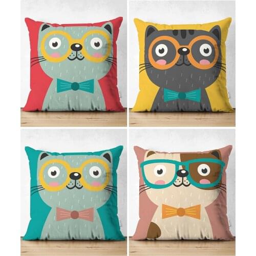 Double-Sided Color Cute Kitty Printed 4'lü Suede Pillow Decorate Case Set Good Quality Stylish Home Garden Room Kitchen Gift Convenient Decorative
