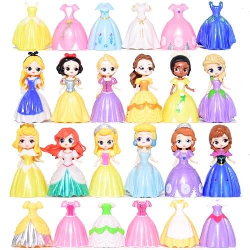 12Dolls+24Clothing Disney Frozen Snow White Sofia Changeable Clothes Doll Cartoon Anime Action Figure Elsa Anna Decoration Toys