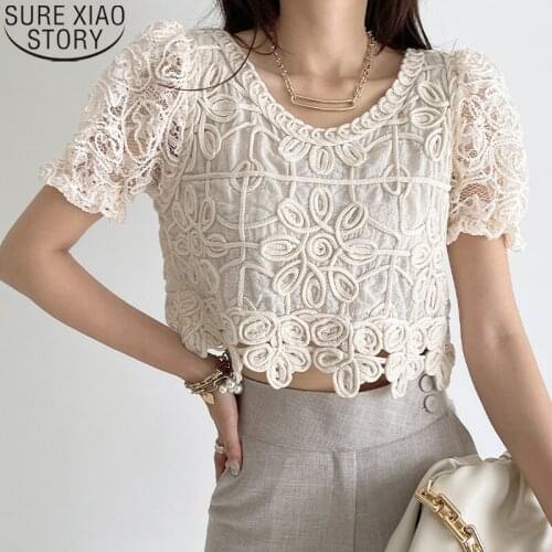 Elegant Summer Blouse for Women Tops Korean Chic Lace Blouse Fashion Thick Thread Shirt O-neck Lace Shirt Blusas Clothes 15288