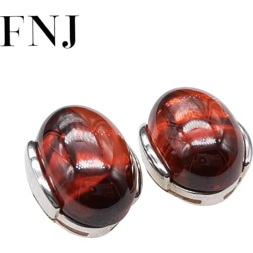 FNJ Red Zircon Earrings 925 Silver Original Pure S925 Sterling Silver Stud Earring Women Jewelry