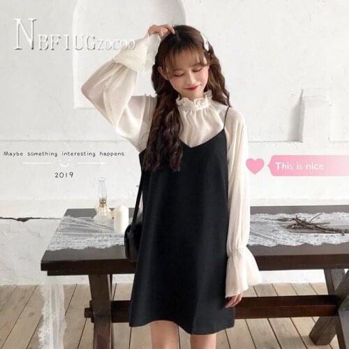 2020 Korean Fashion Casual Women Sets Autumn Blouse And Spaghetti Strap Dress Female Sets