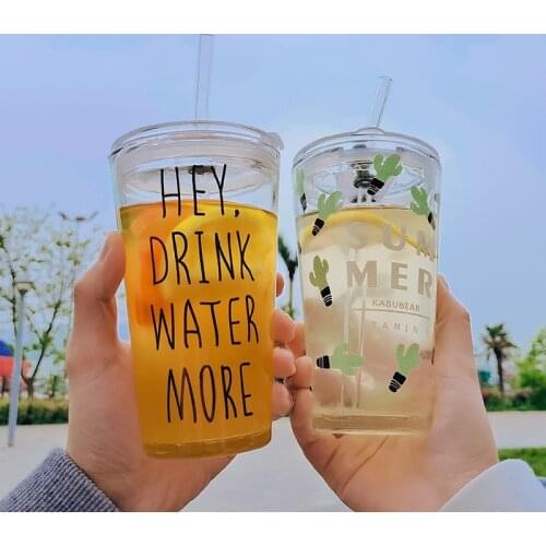 Cartoon glass with straw drink cup creative lovely office scale milk cup creative juice drink cup water bottles