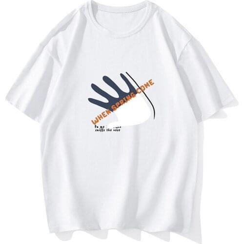 Short-sleeved Mens Tops Street Style Couples Casual Loose Printed Cotton T-shirt 2021 Summer Round Neck White T-shirt