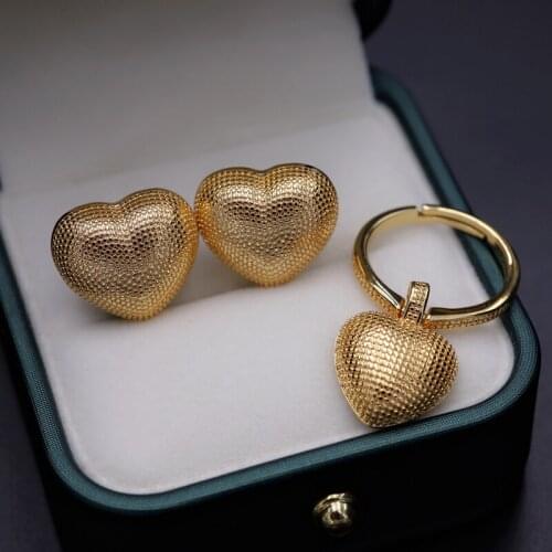 Luxury Gold Color Heart Shape Copper Stud Earrings Adjustable Ring Jewelry Set Dubai Punk Bridal Wedding Engagement Women Gifts